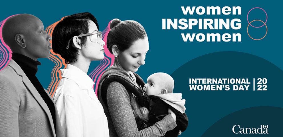 Dark blue background; side views of 5 women and 1 baby. Text reads: Women inspiring women, International Women's Day 2022