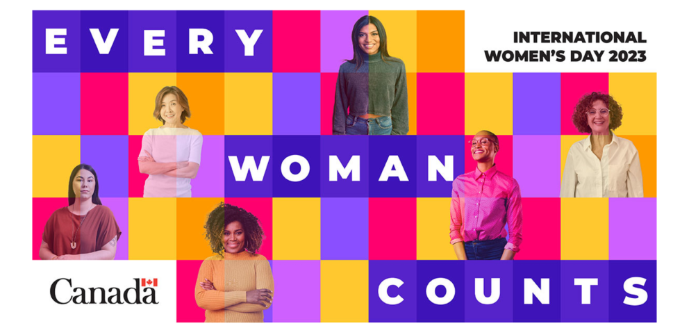 Image of International Women’s Day 2023 featuring six women from various ages and ethnic backgrounds in a colourful purple, pink and yellow grid. This year’s theme ‘’Every Woman Counts’’ appears in purple squares of the grid. The name of the day is in the top right corner on a white background, and the Canada wordmark is in the bottom left corner, also on a white background.